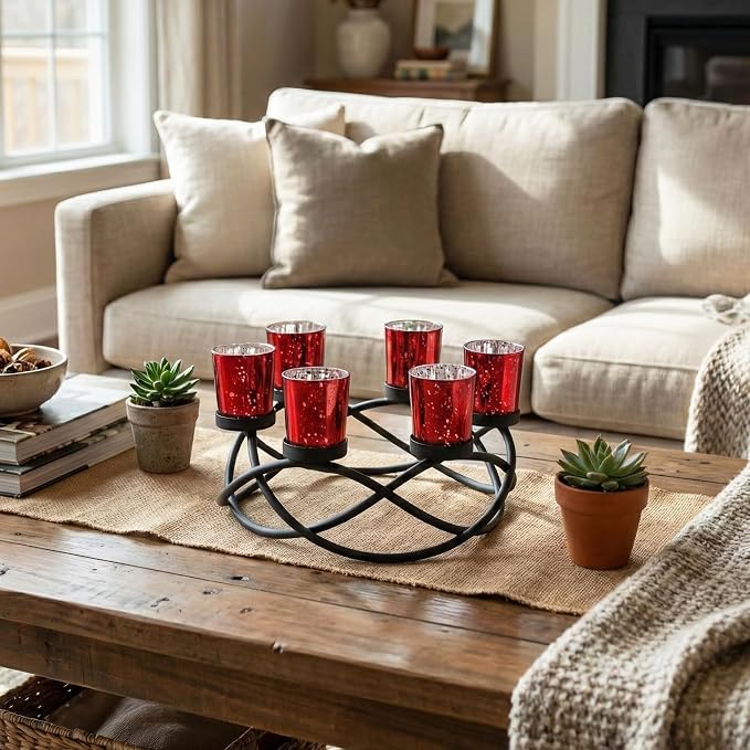 Seraphic Candle Holders for Table Centerpiece Decor, Indoor/Outdoor, Red | Gothic, Halloween & Christmas Decor, Patio Umbrella Centerpiece, Round Wrought Iron 6 Votive Holders, 10.5in Round