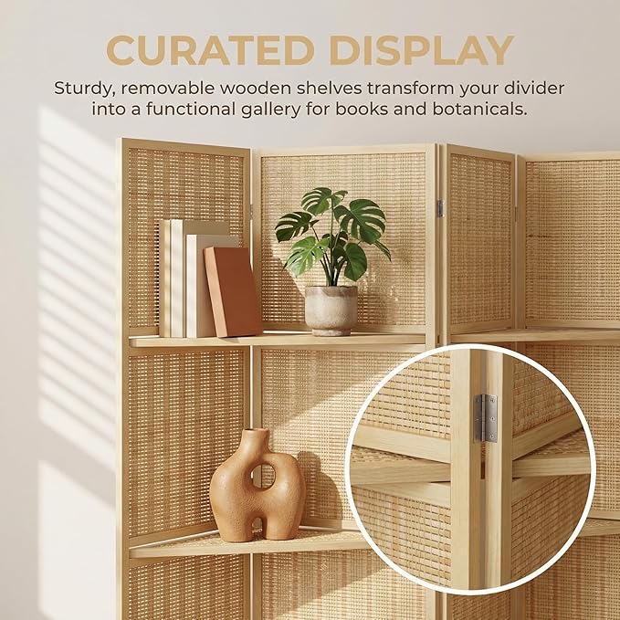 Bluecat 4 Panel Bamboo Room Divider with Shelves, Lightweight Privacy Screen for Bedroom Home Office, No Assembly Required, Brown Bamboo