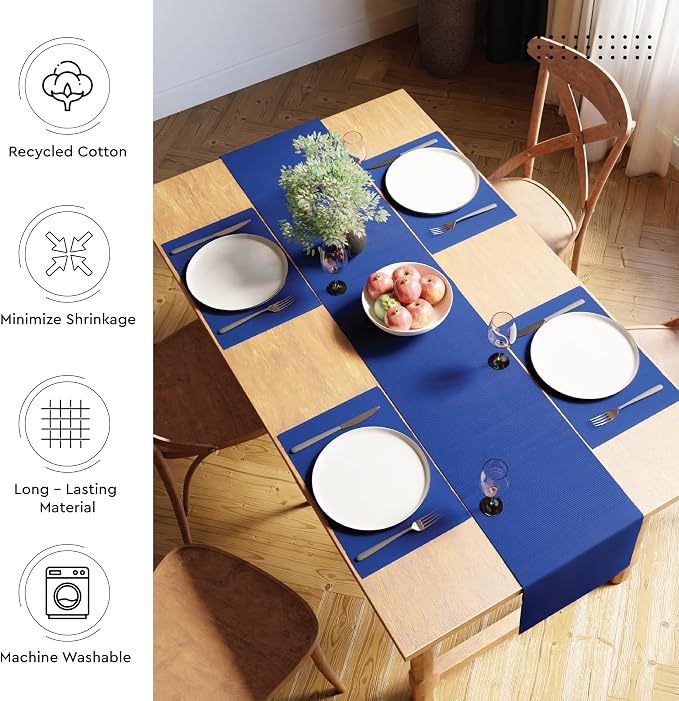 Encasa XO Dining Table Runner 13"x79" | Yarn Dyed Fine Ribbed Cotton | Solid Blue | Machine Washable