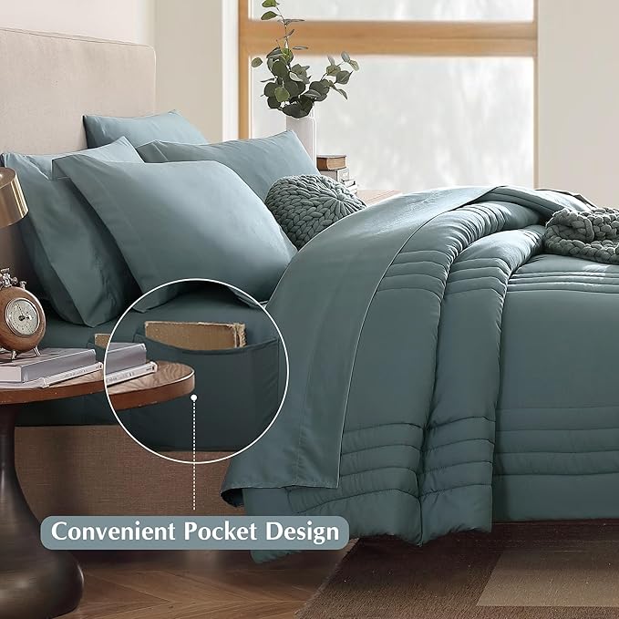 Monbix Super King Size Comforter Set - 7 Pieces Blue Green Bed in a Bag Super King Bedding Sets with Comforters, All Seasons Comforter Bed Set with Sheets,Pillowcases & Shams