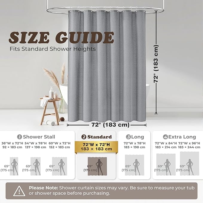 Seasonwood Linen Shower Curtain Neutral Vintage Farmhouse Linen Shower Curtains for Bathroom Boho Bathroom Decor with 12 Sturdy Stainless Steel Sliding Hangers(Grey,72x72 Inches)