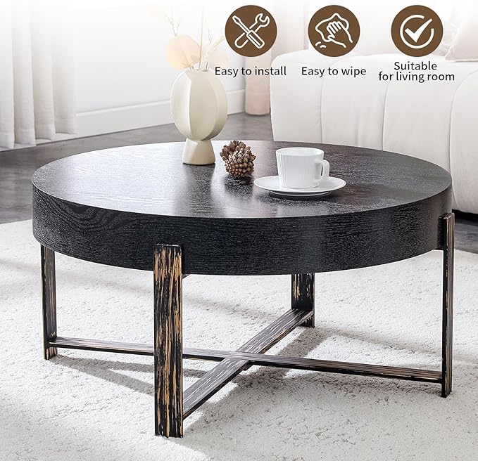 Round Coffee Table, Small Wood Coffee Table with Storage, Modern Mid Century Metal Circle Tables Accent Center Tables for Living Room Apartment Small Space (31.5''D-Black)