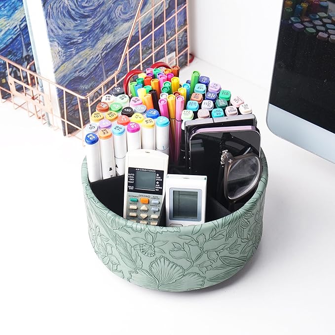 Remote Control Holder, 360°Spinning PU Leather Desk TV Remote Caddy,Desk Storage Box Room Accessories for Controller, Media,Mail,Calculator, Mobile Phone,Pencil(1-Carved Green2)