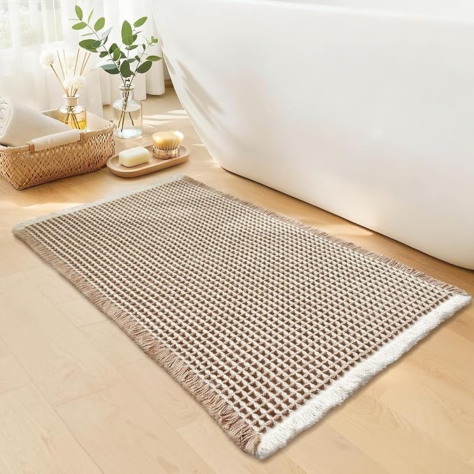 Waffle Bath Mat - Boho Bathroom Rugs Non Slip Washable, Super Absorbent & Quick Dry, Small Bath Mats Farmhouse Bathroom Decor, 18'' x 30'', Khaki and White