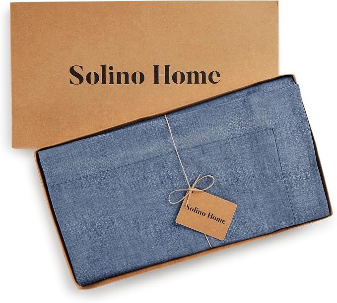 Solino Home Linen Tablecloth 60 x 156 Inch - 100% Pure Linen Blue Denim Table Cloth for Rectangle Tables - Athena, Machine Washable Tablecloth for Summer