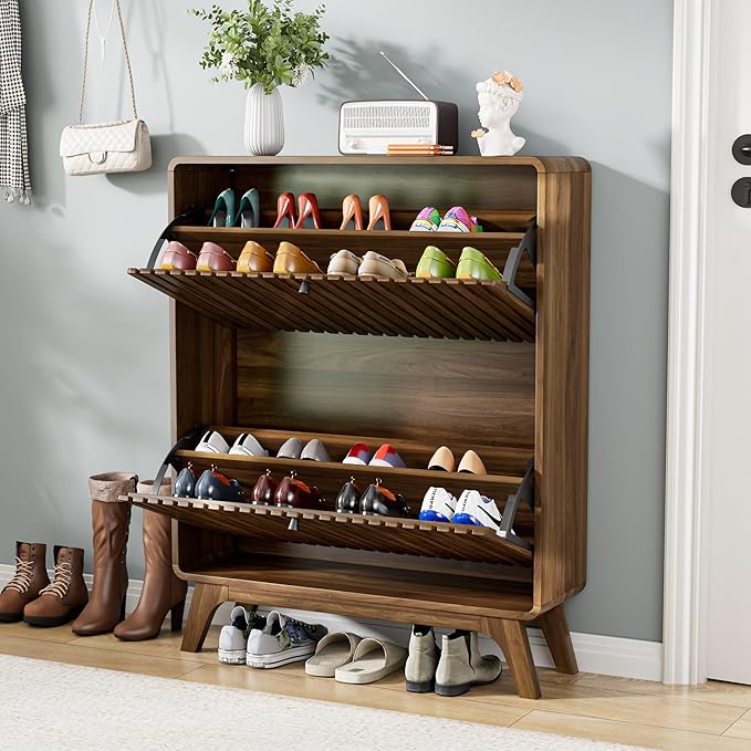 Jluomei Fluted Narrow Shoe Cabinet for Entryway, Slim Wood Shoe Storage Cabinet with Flip Drawers, Bamboo Thin Shoe Rack Organizer for Entry Way, Hallway, Hidden, Walnut