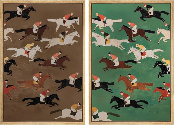 SIGNWIN Framed Canvas Print Wall Art Set Vintage Horse Racing Jockeys Illustrations Modern Art Rustic Colorful Ultra for Living Room, Bedroom, Office - 16"x24"x2 Natural