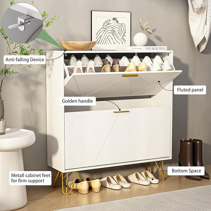 Tradare White Shoe Cabinet Storage for Entryway, Narrow Shoe Cabinet with 2 Flip Drawers,Freestanding Organizer with Fluted Panel for Living Room, Bedroom, Hallway, Closet, Holds 24 Pairs