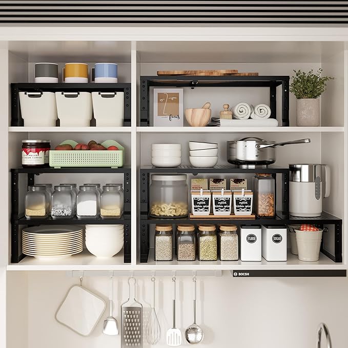 Expandable Spice Rack & Kitchen Cabinet Organizer - Stackable, Adjustable Shelves for Cabinets, Countertops, Cupboards & Pantries(3 Packs/Medium/Black)
