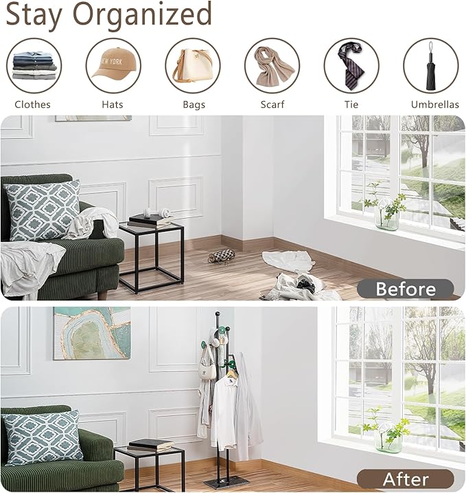 JIAYUEJU Free Standing Coat Rack with Marble Base & 8 Hooks Heavy Duty Clothes Rack for Entryway Bedroom Living Room Hotel 14.96 x 10.24 x 68.9 Inches (Black)