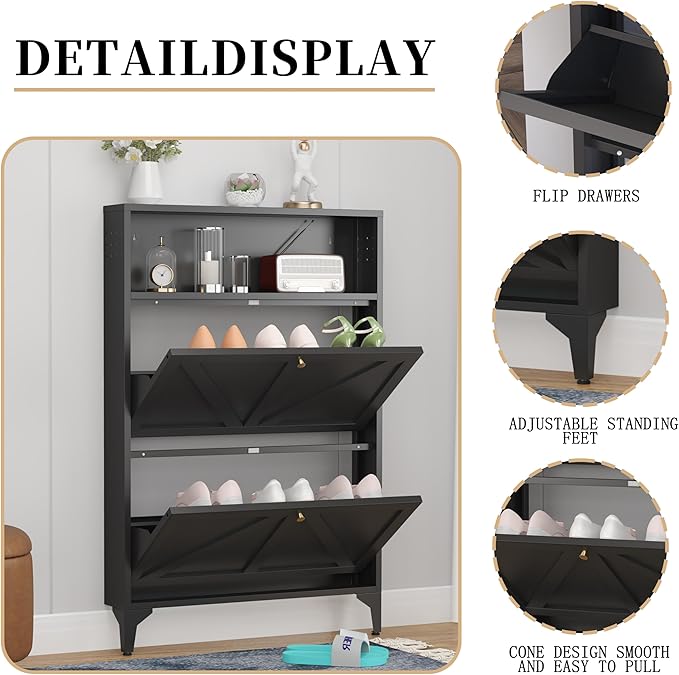 Shoe Storage Cabinet for Entryway with 2 Flip Drawers, Freestanding Shoe Organizer with Legs,Farmhouse Narrow Shoe Storage Cabinet for Entryway, Foyer,Living Room (2-Drawers, Black)
