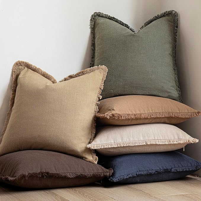 Foindtower Set of 2 Decorative Linen Fringe Throw Pillow Covers Boho Farmhouse Cushion Cover with Tassels Soft Accent Pillowcase for Couch Sofa Bed Living Room Home Decor,16×16 Inch,Reddish Brown