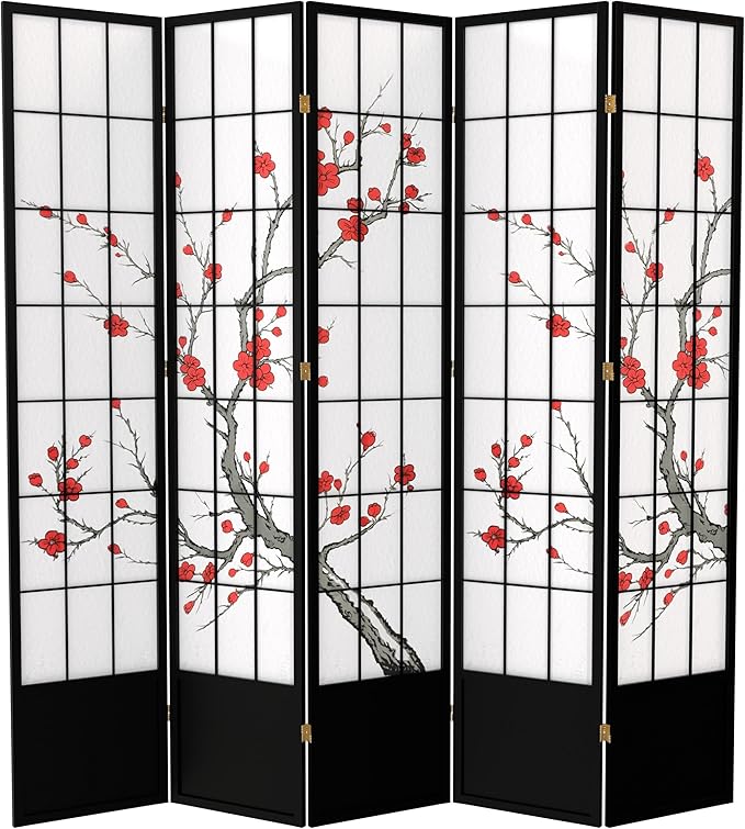 Red Lantern 7 ft. Tall Cherry Blossom Shoji Screen - Black - 5 Panels