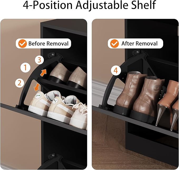 Shoe Storage Cabinet, Wood Shoe Organizer for Entryway with 4 Flip Drawers, Freestanding Shoe Rack with Adjustable Shelf, Narrow Shoe Dresser for Front Door Entrance(Black, 47.24" x 32.28" x 9.44")