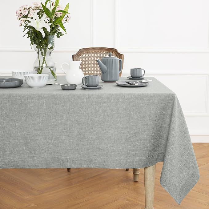 Solino Home Linen Tablecloth 60 x 132 Inch - 100% Pure Linen Chambray Grey Table Cloth for Rectangle Tables - Athena, Machine Washable Fabric Tablecloth