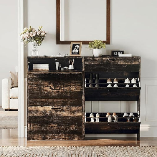VINGLI Set of 2 Dark Rustic Oak Shoe Cabinet for Entryway, 2-Pack Ultra Slim Shoe Organizer with 2 Flip & 1 Drop-Down Drawers, 24.8" W Narrow Shoe Cabinet for Front Door, Modern Dark Wood Shoes Rack