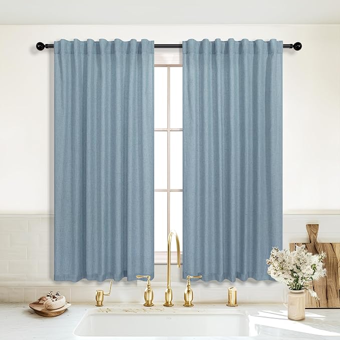 KOUFALL Light Country Blue Kitchen Curtains,Linen Sheer Boho Rustic Farmhouse Short Curtains for Bathoom,45 Inch Length,Grey Dusty Blue
