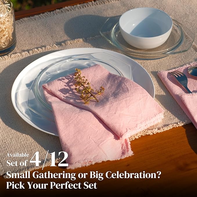 Palisa Premium Cotton Dinner Napkins Set of 4 | Pink Frayed Edge Rustic Farmhouse Table Linen | Soft Washable Long Lasting Durable Cloth Serviettes for Wedding Dining Decor 18x18 Inch