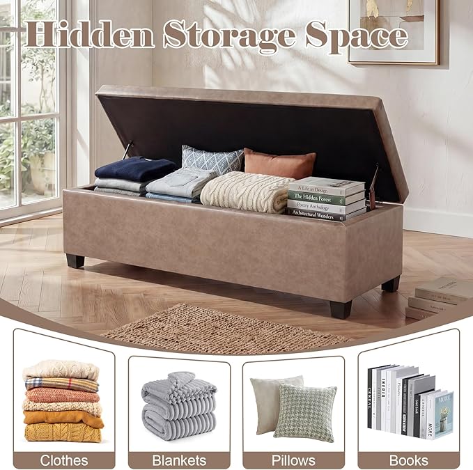 Homebeez 42" Faux Leather Storage Ottoman,End of Bed Bench,Upholstered Ottoman Bench with Storage for Living Room,Bedroom,Entryway