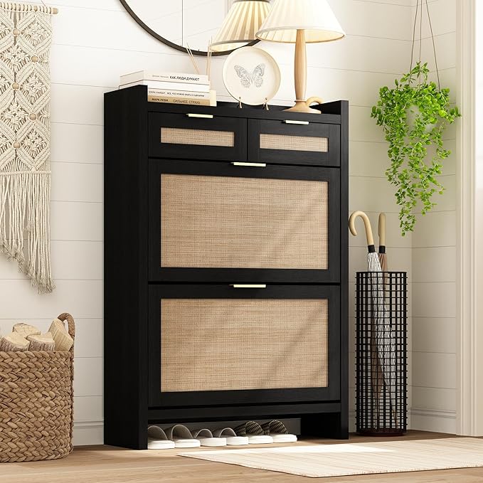Shoe Organizer Cabinet Storage for Entryway - Slim Rattan Shoe Rack for Front Door Entrance, Narrow Hidden Shoe Cabinet with Flip Drawers, Boho Shoe Holder Cabinet, Two Doors, Black