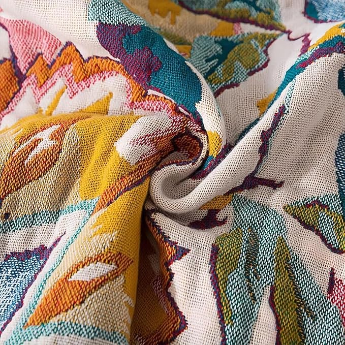 Boho Throw Blanket for Bed 100% Cotton Bohemian Blankets Ultra Soft Woven Muslin Decorative Blankets All Seasons Vintage Quilt Knitted Blanket for Sofa Chair(Beige, 80"x90")