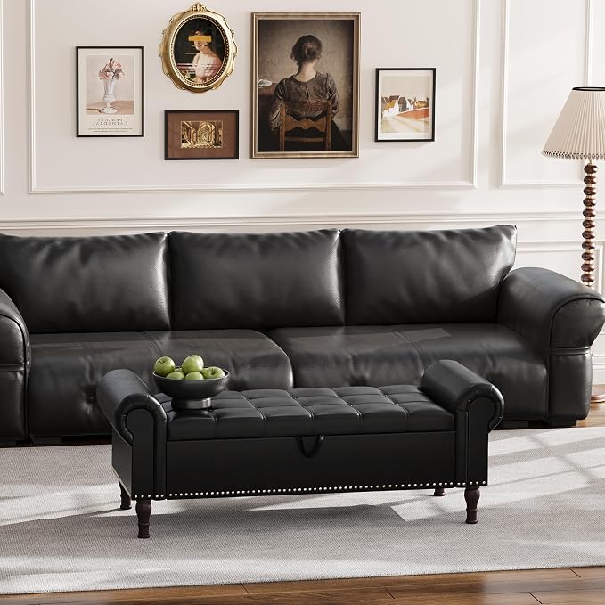 Apicizon 51” Bench with Storage, Queen Size Faux Leather End of Bed Bench with Tufted Button, Ottoman Bench with Rolled Arms & Vintage Rivets for Foot of Bed, Living Room, Entrance, Black