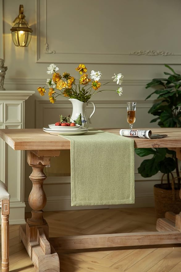 ZeeMart Burlap Style Farmhouse Table Runners 72 Inches Long, Sage Green Rustic Woven Dining Table Runner for Everyday Use, 14x72 Inches, Light Sage Green