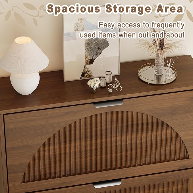 Shoe Storage Cabinet with 6 Flip Drawers, Narrow Wood Shoe Organizer Cabinet with Fluted Panel, Slim Shoe Rack for Entryway, Freestanding Shoe Cabinet for Living Room, Hallway, Walnut
