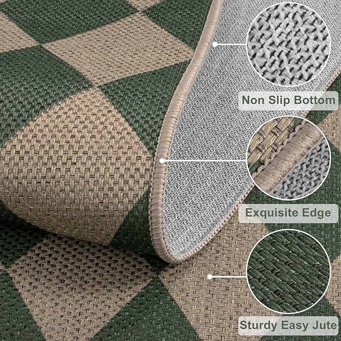 Rugalia Easy Jute Checkered Indoor Outdoor Doormat, 2.6x4 Green Modern Entryway Rug Non-Slip Washable Kitchen Rug, Neutral Farmhouse Diamond Throw Rugs for Entrance Bedroom Porch Patio