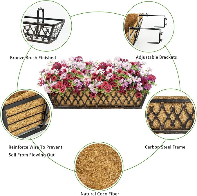 Window Boxes Planters: 2 Pack 24 Inch Railing Planter Box with Adjustable Brackets for Porch Fence Patio Balcony Hanging Flower Baskets with Coco Liners for Outdoor Garden Decor - Bronze