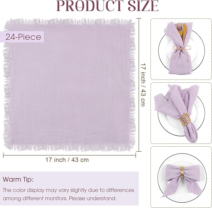 TURSTIN 24 Pieces Lavender Purple Cotton Linen Wedding Napkin Square Rustic Fringe Table Napkin for Dinners, Parties, Weddings