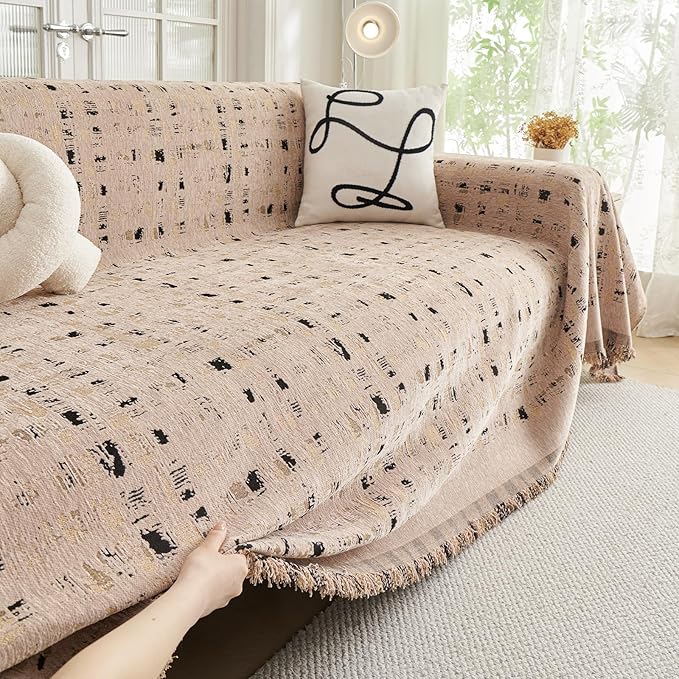 DREAMINGO Abstract Chenille Couch Cover Blanket Coffee Black Boho Sofa Cover, Washable Furniture Protector, Universal Slipcover for Couch, Geometric Brushstroke Jacquard, XX-Large 71"x150"