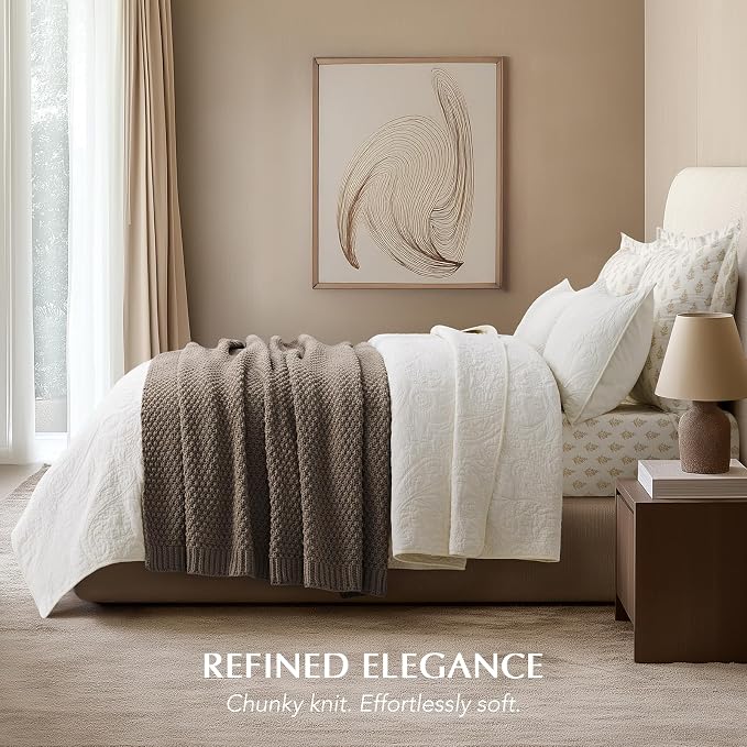 EVERGRACEHOME Chunky Chenille Knit Throw Blanket for Couch, Soft Luxurious Moss Stitch Blankets for Bed, Cozy Decorative Farmhouse Knitted Throws for Sofa, Mocha Brown, 50" x 60"