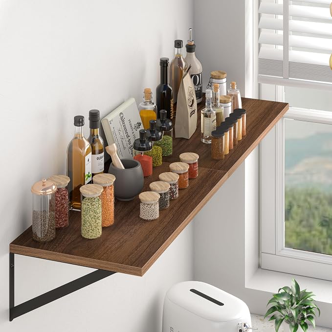 Heimlove 12 Inch Deep Floating Shelves for Wall, 44W x 12D Wood Wall Shelves Set of 2, Walnut Wide Floating Bookshelf for Living Room, Kitchen, Office, Bedroom, with Black Metal Bracke - Walnut