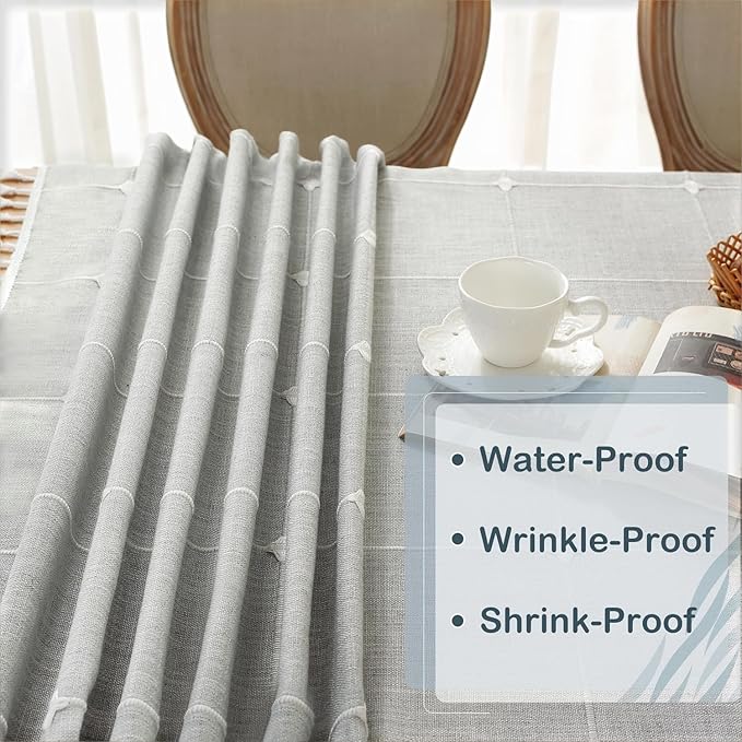 Laolitou Grey Plaid Tablecloth Rustic Burlap Linen Fabric,Washable Outdoor Table Covers with Tassel,Waterproof Table Cover for Kitchen Dining,Party,Holiday,Christmas,10-12 Seats