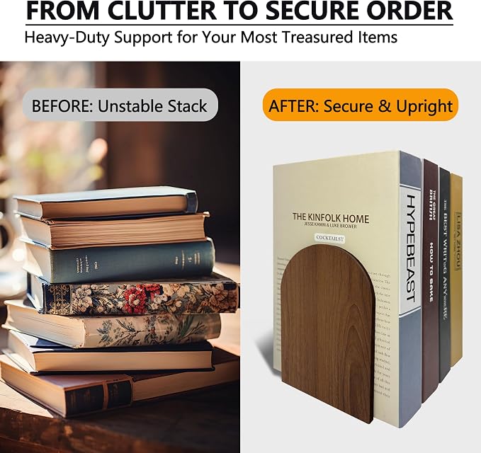 Brosisincorp Walnut Wood Book Ends for Shelves - Hand Polished Edges, Non-Skid Bookends for Heavy Duty Book Holders Office Desk Shelves Decorative Book Organizer, 6.69"H x 4.72"W x 3.94"L (2 Pairs)