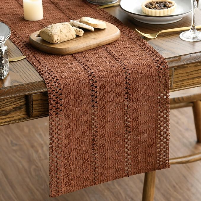 Artoid Mode Caramel Farmhouse Woven Rustic Hollow Table Runner, Seasonal Holiday Hollow Kitchen Dining Table Decoration for Home Party Decor 12x48 Inch