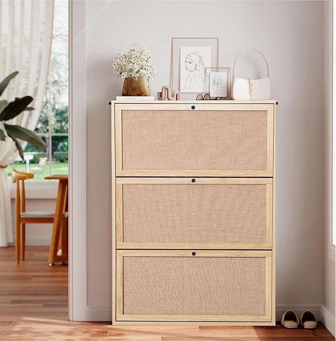 Shoe Cabinet Storage with 3 Flip Drawer for Entryway, 31.5 Inch Farmhouse Slim Narrow Wood Storage Cabinet for Shoes, Freestanding Shoe Organizer for Living Room, Aparment (Natural)