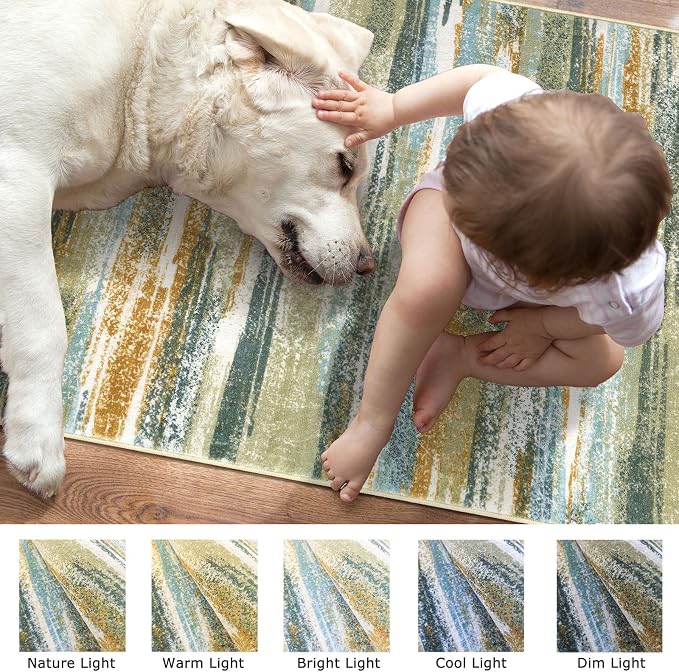 Lansny Modern Abstract Runners for Hallways 2.6x8, Washable Runner Rug Non-Slip Indoor Soft Thin Hallway Runner Rugs, Print Faux Wool Floor Carpet for Kitchen Entryway Bedroom, Green Mustard Multi