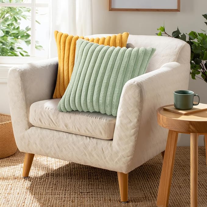 Pallene Faux Fur Plush Throw Pillow Covers 26x26 Set of 2, Luxury Soft Fluffy Striped Decorative Pillow Covers for Sofa, Couch, Living Room, Sage Green