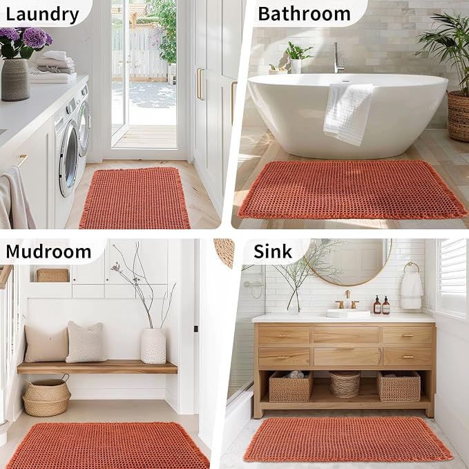 Waffle Bath Mat - Boho Bathroom Rugs Non Slip Washable, Super Absorbent & Quick Dry, Soft Bath Mat Farmhouse Bathroom Decor, 24'' x 36'', Dirty Orange
