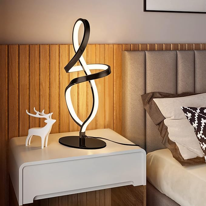 Mayful Modern Table Lamp with LED Spiral Design, Bedside Lamp with Stepless Dimming Switch, Contemporary Nightstand & Black Table Lamp for Bedroom, Living Room, Home Office, 12W 3200K Warm White