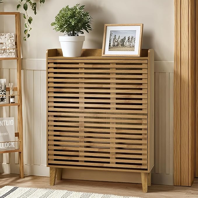 Shoe Cabinet, 31.5" W Storage Cabinet with Louvered 2 Flip Drawers for Entryway, Freestanding Shoe Organizer, Slim Shoe Rack in Walnut