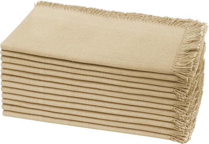 COTTON CRAFT Cloth Napkins with Fringe Border - Set of 12 Soft Pure Cotton Napkins - Reusable Lunch Brunch Dinner Spring Summer Everyday Dining Table Linen - 18 x 18 inches - Beige