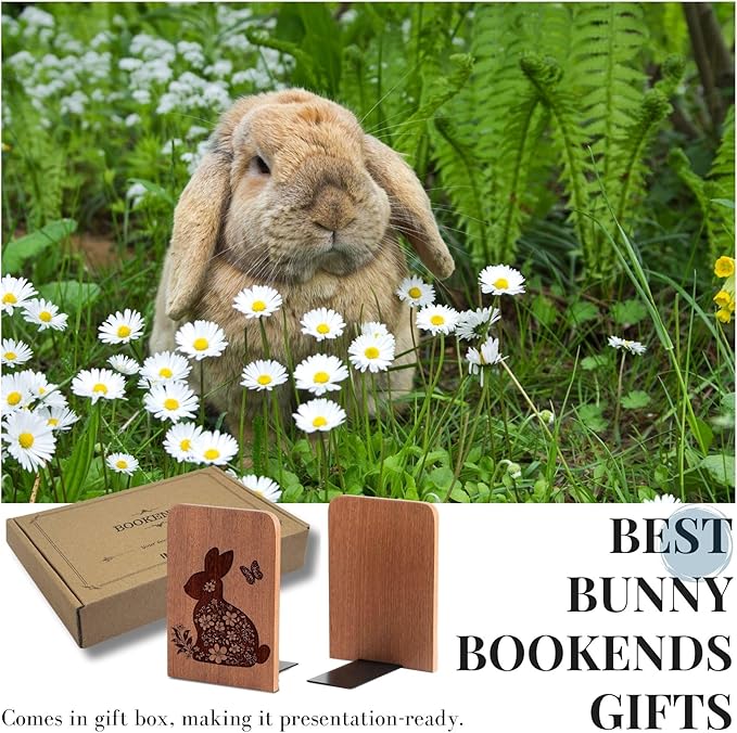 Bunny Gifts for Women Girls, Bunny Bookends, Gifts for Rabbit Lovers, Heavy Duty Wooden Book Ends for Shelves Decorative(1 Pair, 4.72x6.69 Inches)