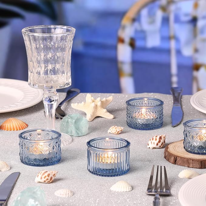 Lanttu 15 Pcs Glass Blue Tealight Candle Holders Bulk Votive Candle Holders Set Ribbed Dot Diamond Pattern Designs Vintage Candle Holders for Wedding Table Centerpiece Home Party Holiday Decor