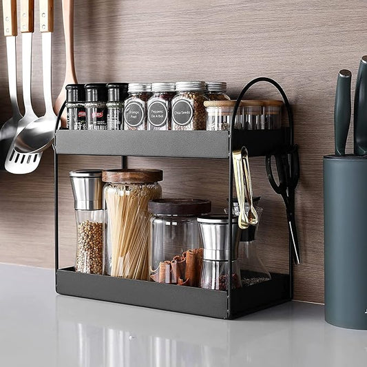 Go Hooked 2-Tier Standing Rack Bathroom Countertop Organizer Vanity Tray Cosmetic Makeup Storage Kitchen Spice Rack Standing Shelf (Black, Metal, Pack of 1), Medium, 2TIERCURVED-BK