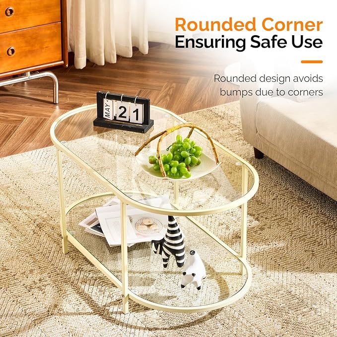 VINGLI 38" Glass Coffee Table, Oval Coffee Tables for Living Room, Small Coffe Table with 2-Tier Storage, Modern Center Table for Home Decor, Office, Small Space, Beige