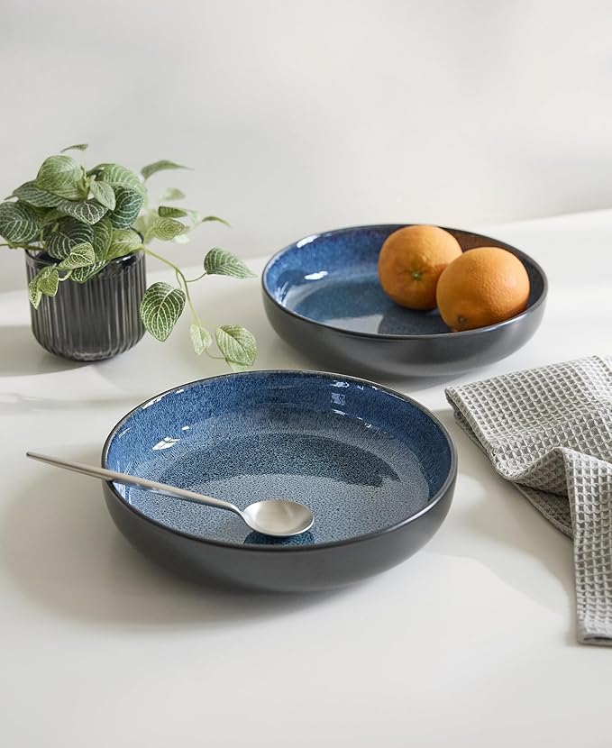 Sango Resona Blue & Black Large Serving Bowl (Set of 2), 64.25 oz, 10" Stoneware Bowls for Pasta, Salad & Dinner, Ceramic Bowls for Entertaining with Glossy Reactive Glaze, Dishwasher & Microwave Safe