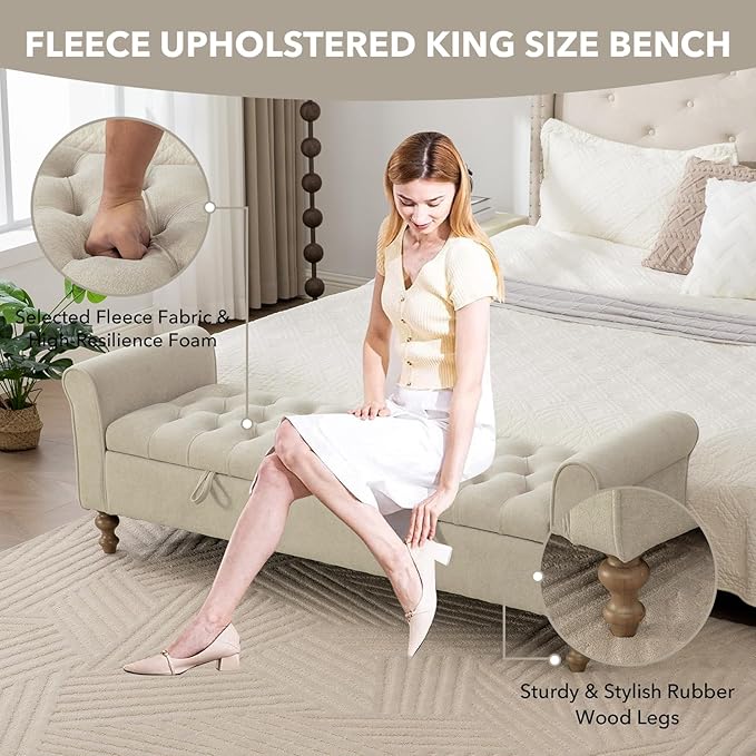 65" Oversize Storage Ottoman Bench, Fleece Upholstered End of Bed Benches with Rolled Armrest, Modern King Size Benches with Rolled Armrest, Window Bench (Griege+Dual-Cover)